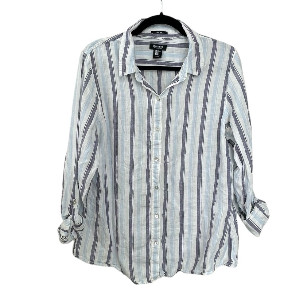 JONES NEW YORK Linen Striped Button Front Blouse White Blue XL - Picture 8 of 11